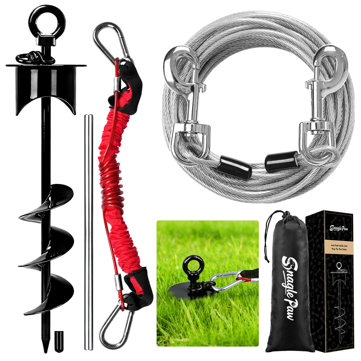 Snagle Paw lock-cap stake stabilizes in wet ground for secure outdoors play