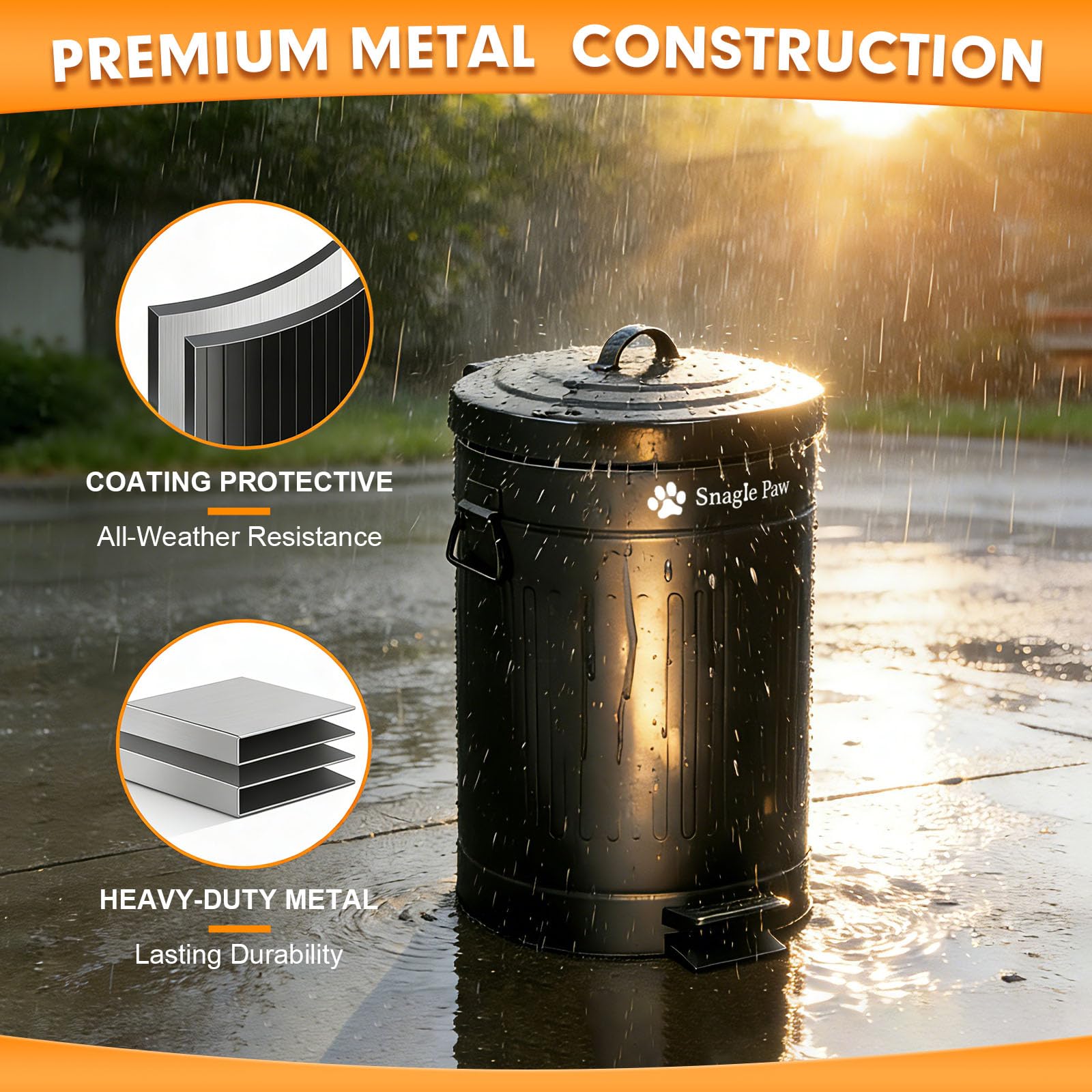 Snagle Paw odor-lock lid keeps yard smells contained during cleanup.