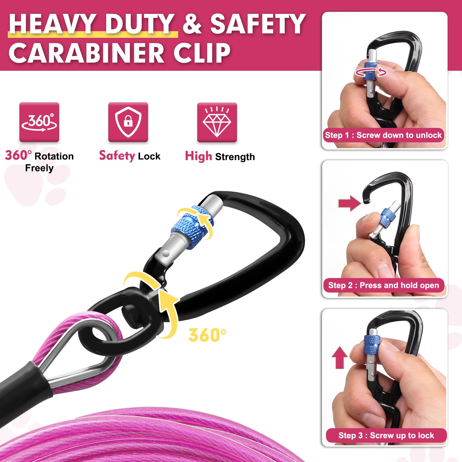 Snagle Paw swivel lock hook demonstrates 360° rotation to prevent tangling.