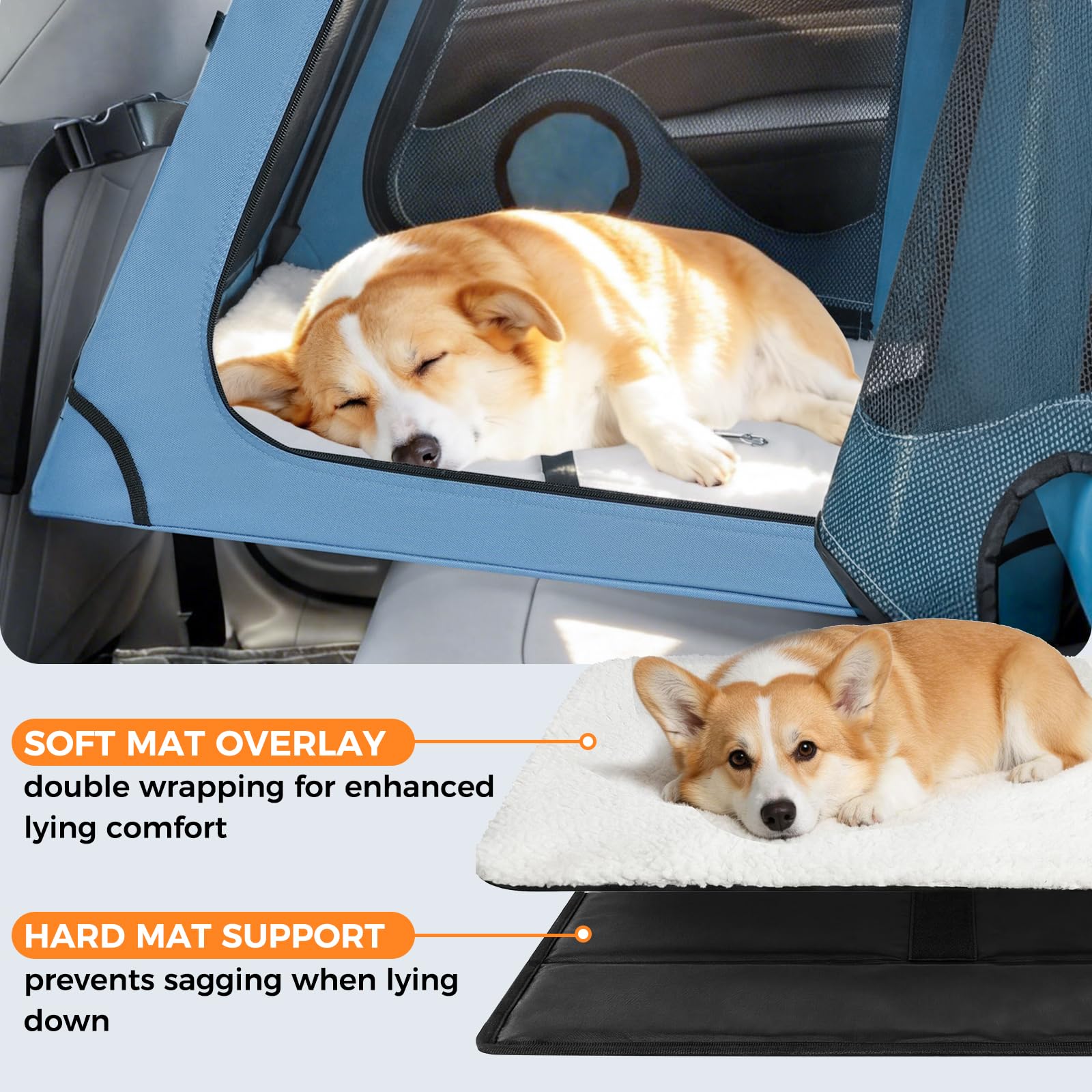 Top headrest straps stabilize the crate for smooth rides