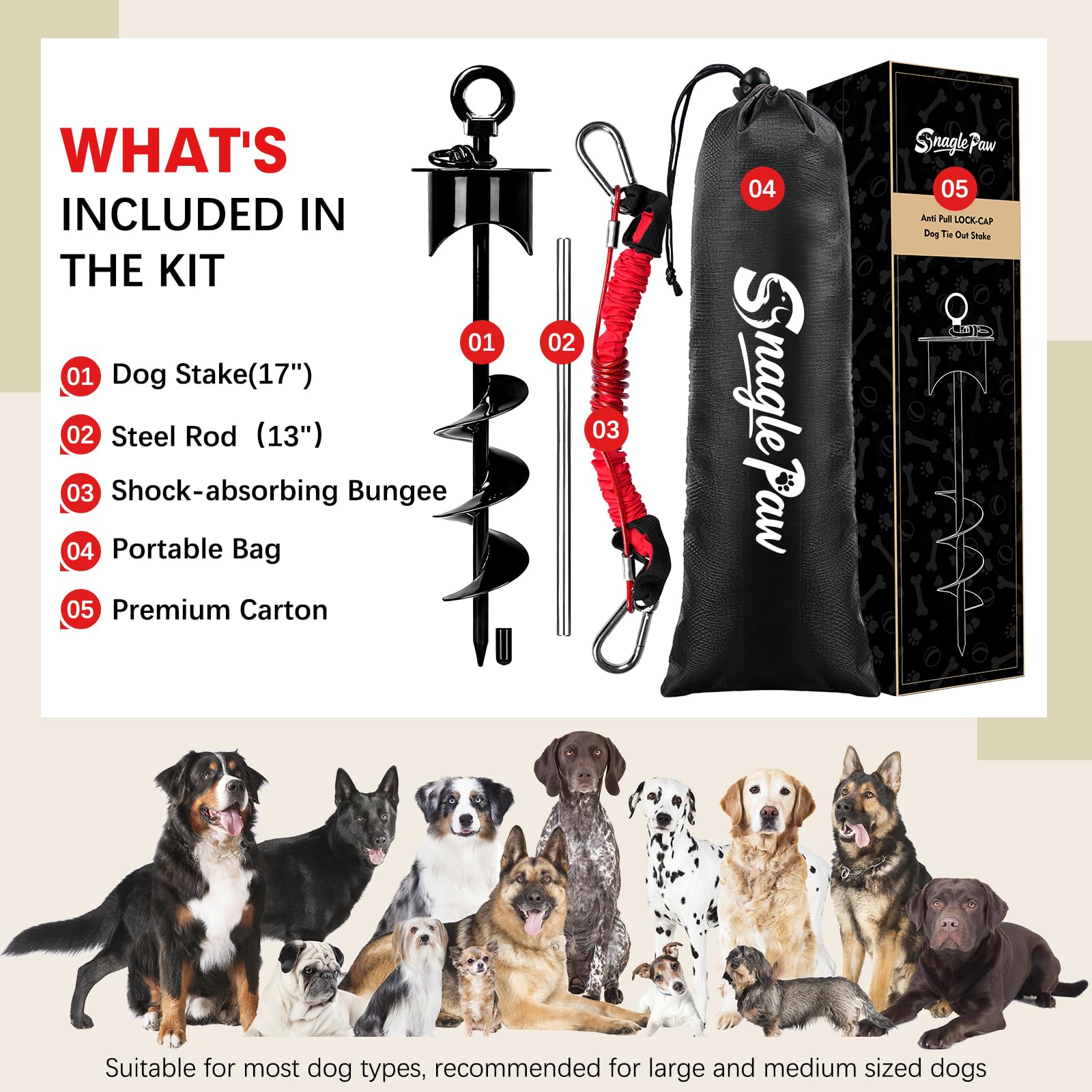 Snagle Paw versatile stake performs well on sand, clay, and rocky surfaces during outings