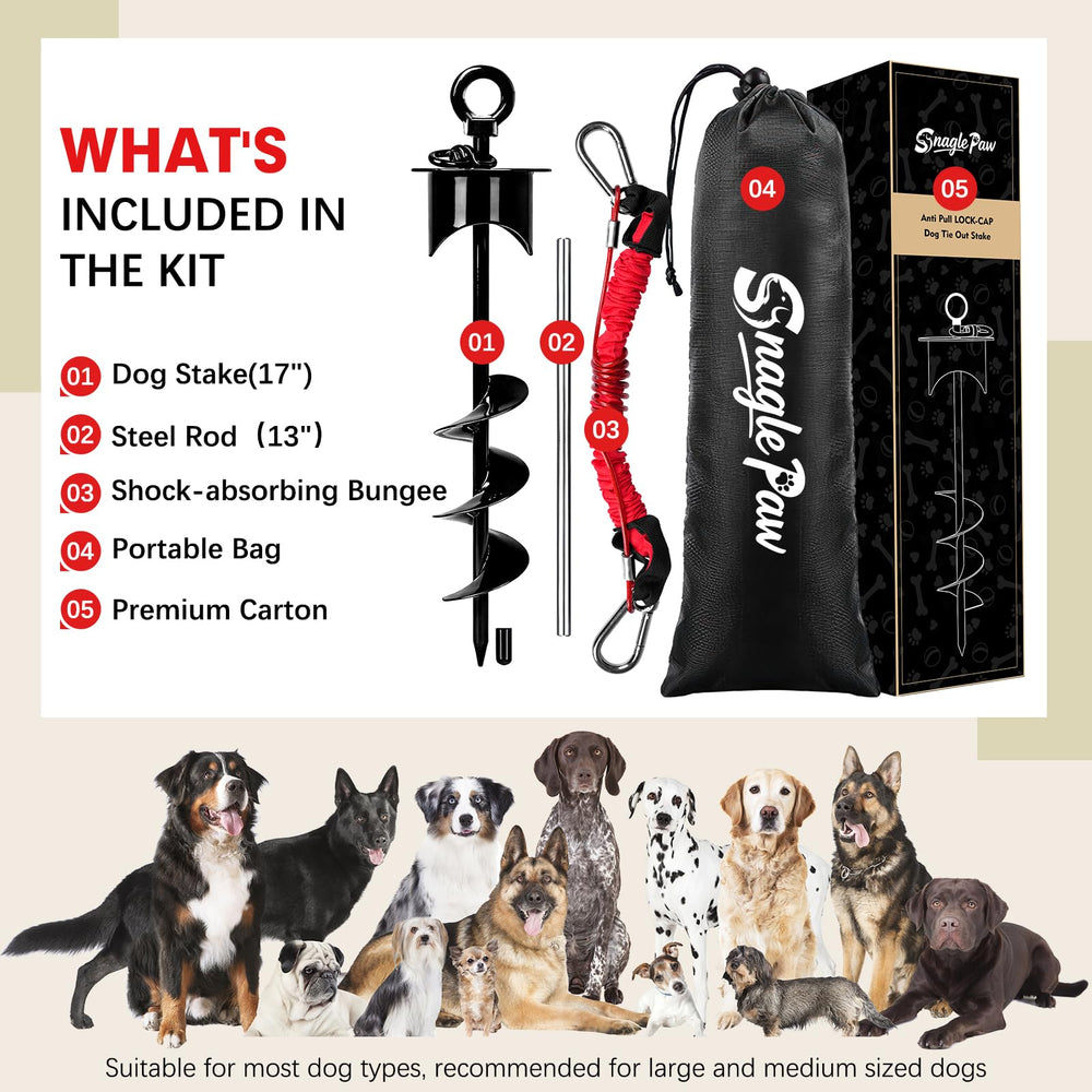 Snagle Paw versatile stake performs well on sand, clay, and rocky surfaces during outings