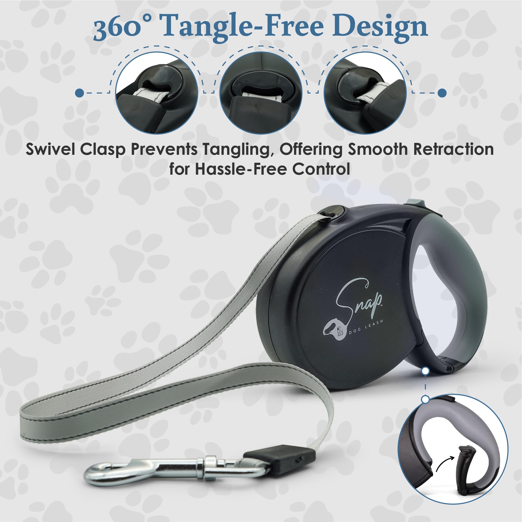Snap Dog Leash tangle-free design minimizes tangles during active play.