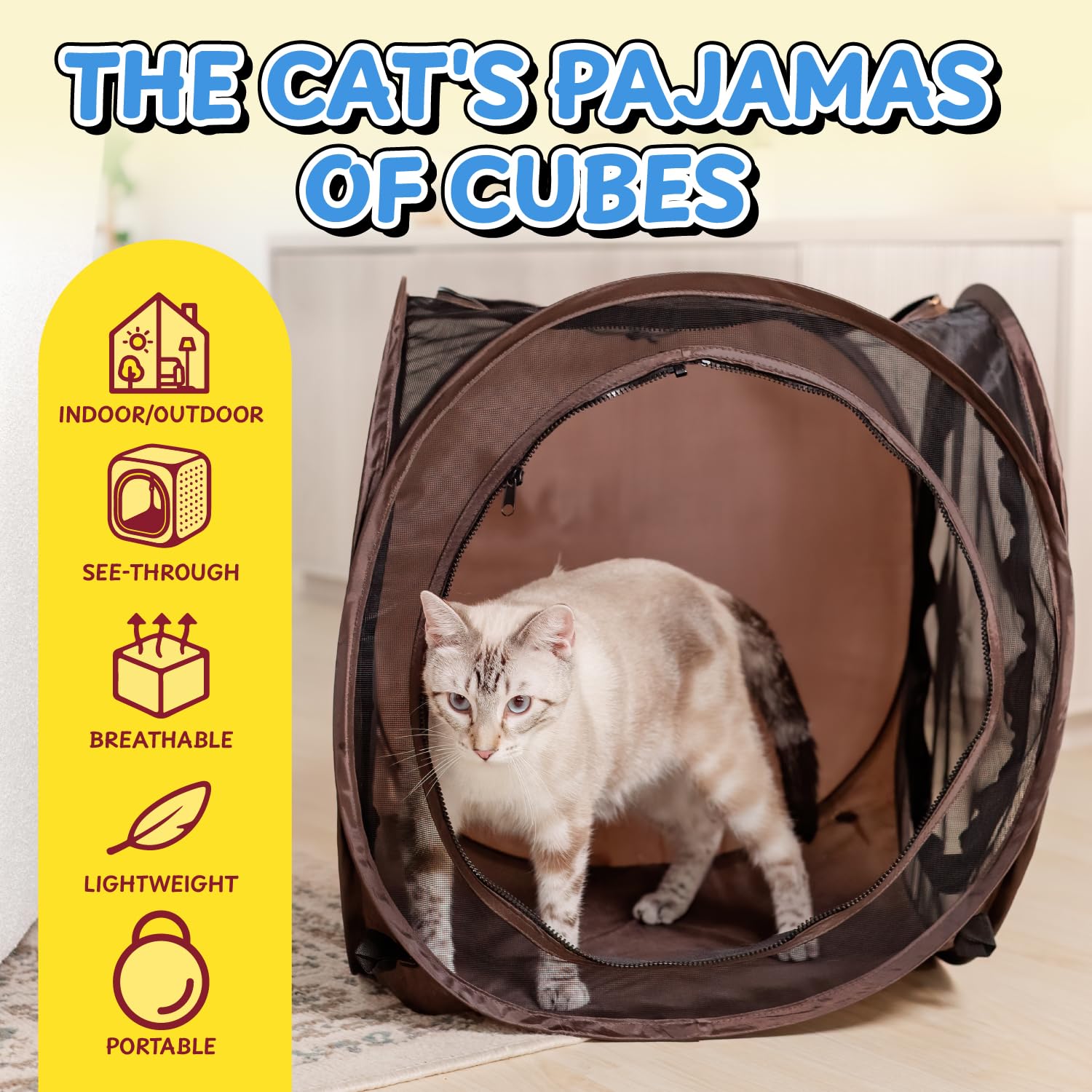 Cat cube used as a cozy sleep zone in a living space.