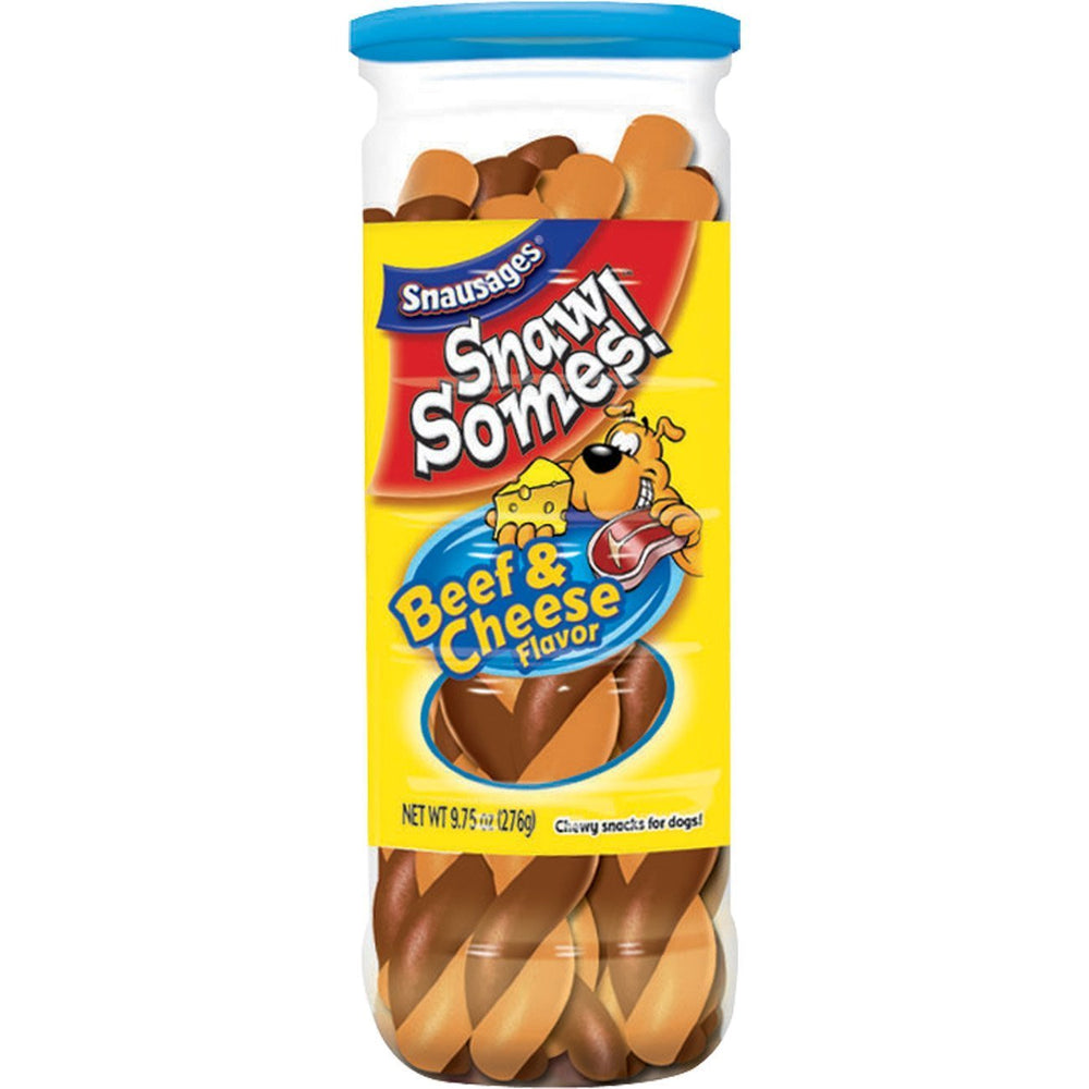Snausages Snawsomes beef and cheese treats in resealable canister for freshness.