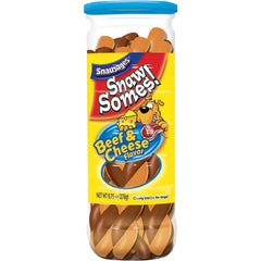 Snausages Snawsomes beef and cheese treats in resealable canister for freshness.