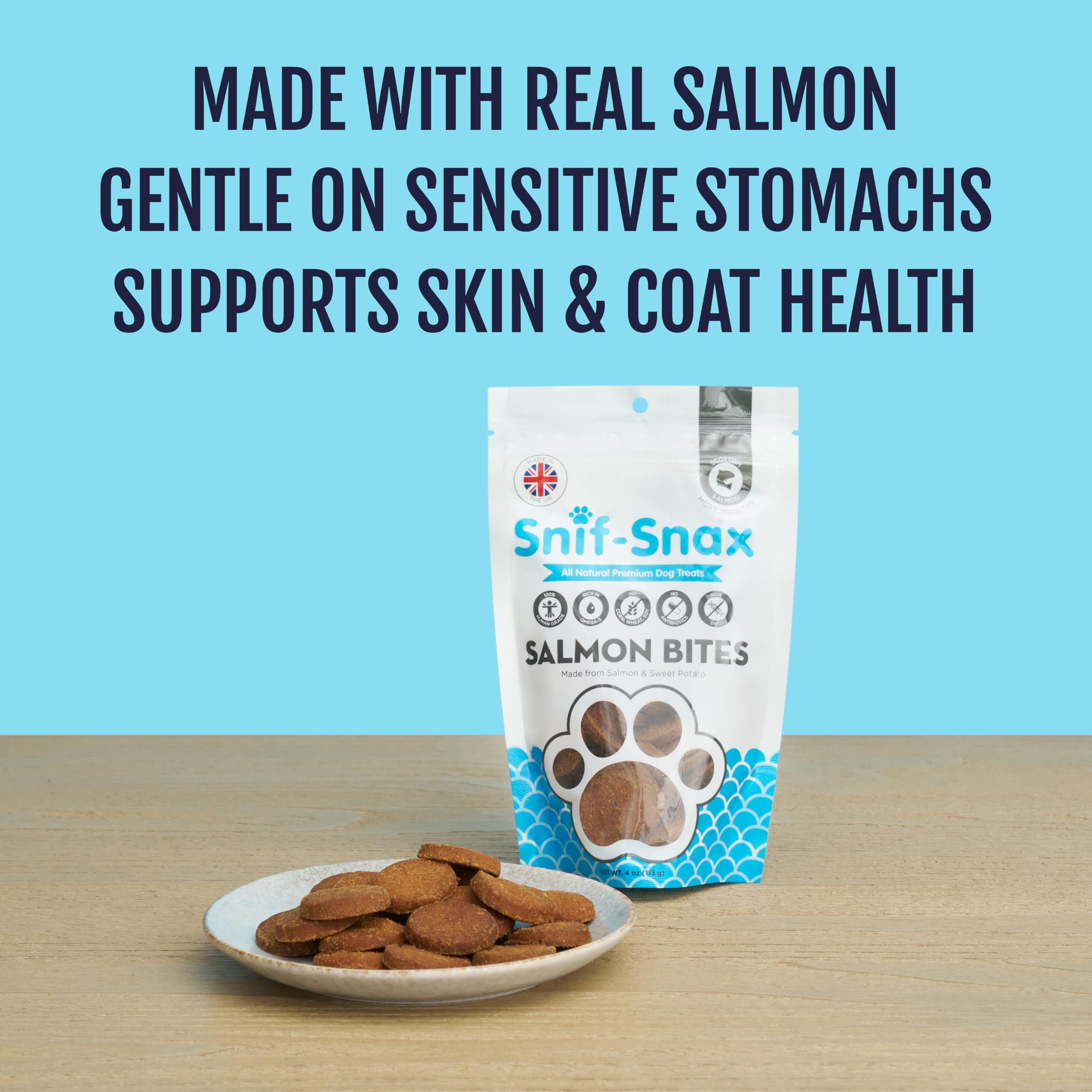 Snif-Snax Salmon Bites are grain-free and easy on digestion.
