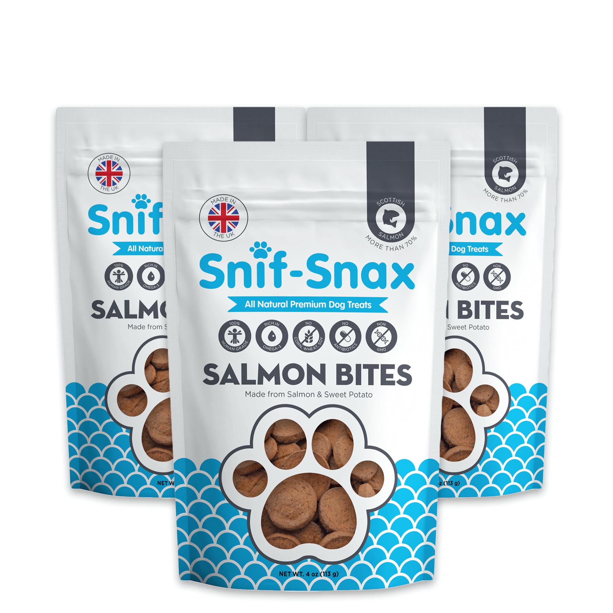 Snif-Snax Salmon Bites packaging highlights premium, human-grade treats for training rewards.