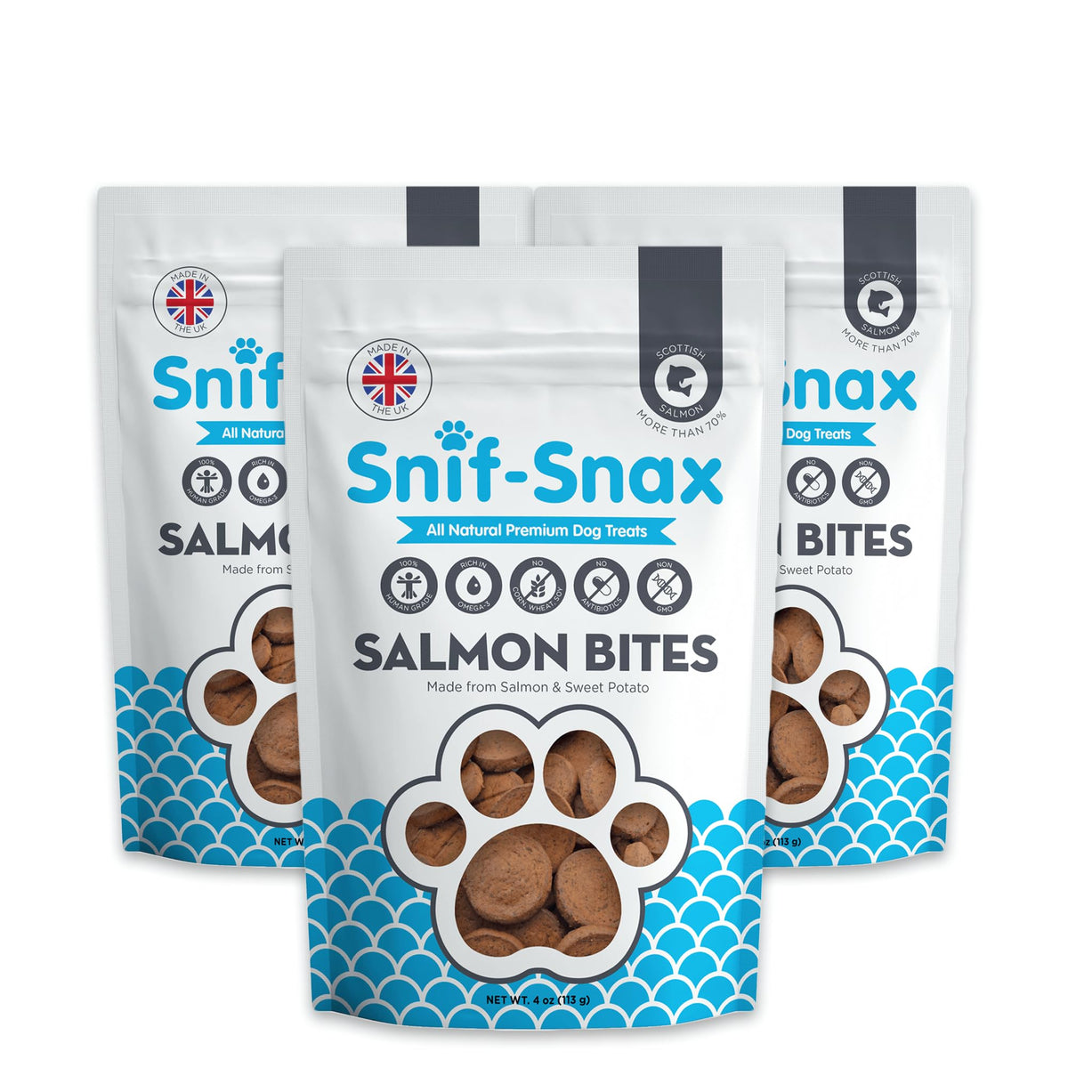 Snif-Snax Salmon Bites packaging highlights premium, human-grade treats for training rewards.