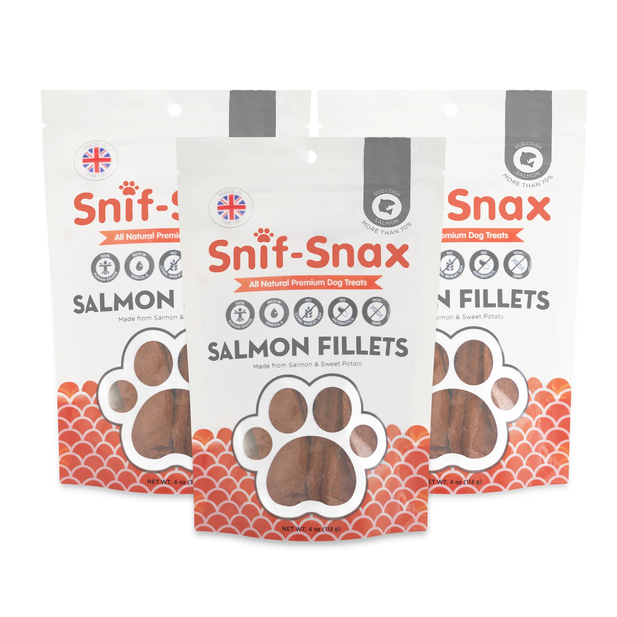 Snif-Snax salmon fillets dog treats pack for training rewards.