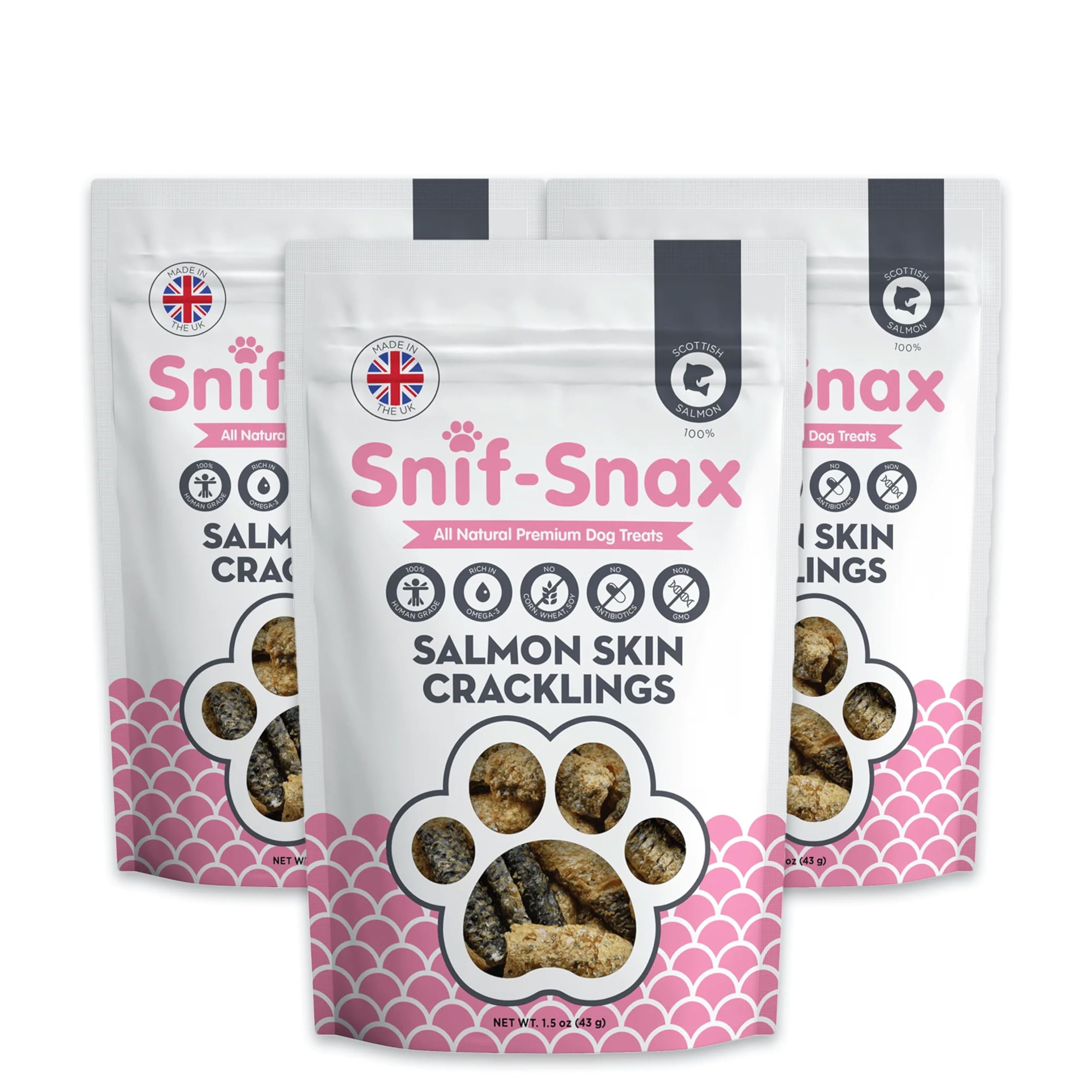 Snif-Snax Salmon Skins Treat Pack showing omega-3 rich snacks for healthy skin and coat.