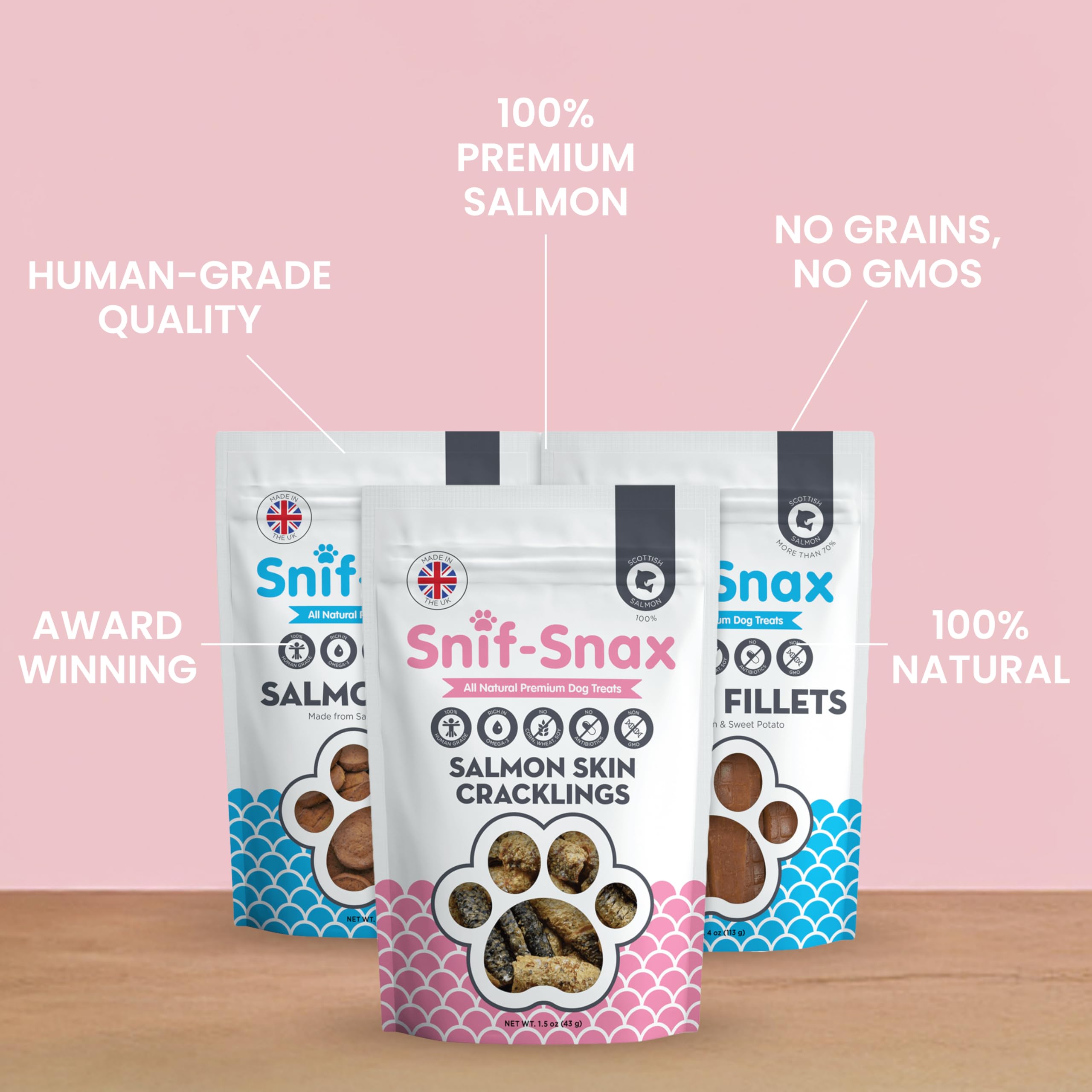 Image 4 highlights a single-protein, human-grade snack ideal for variety training