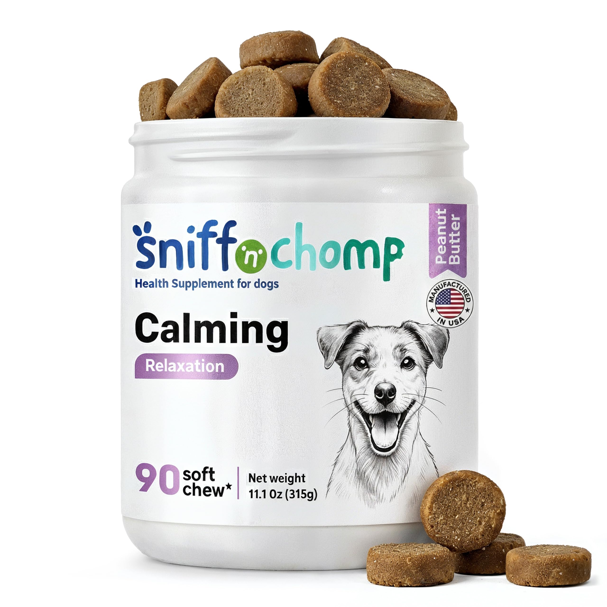 Sniff 'N' Chomp calming chews in a dog bottle for everyday stress support.