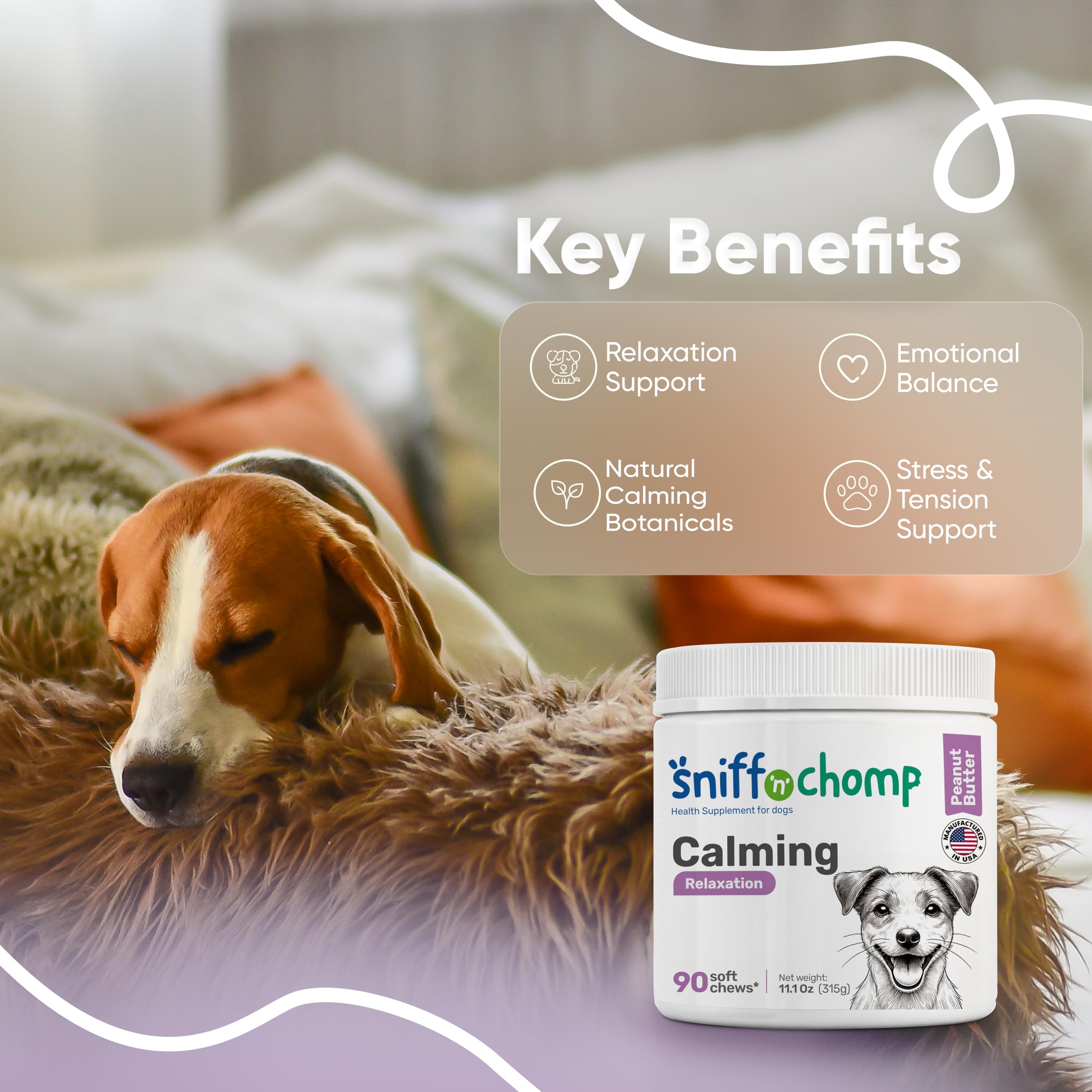 Dosing guide image for flexible use of Sniff 'N' Chomp calming chews.