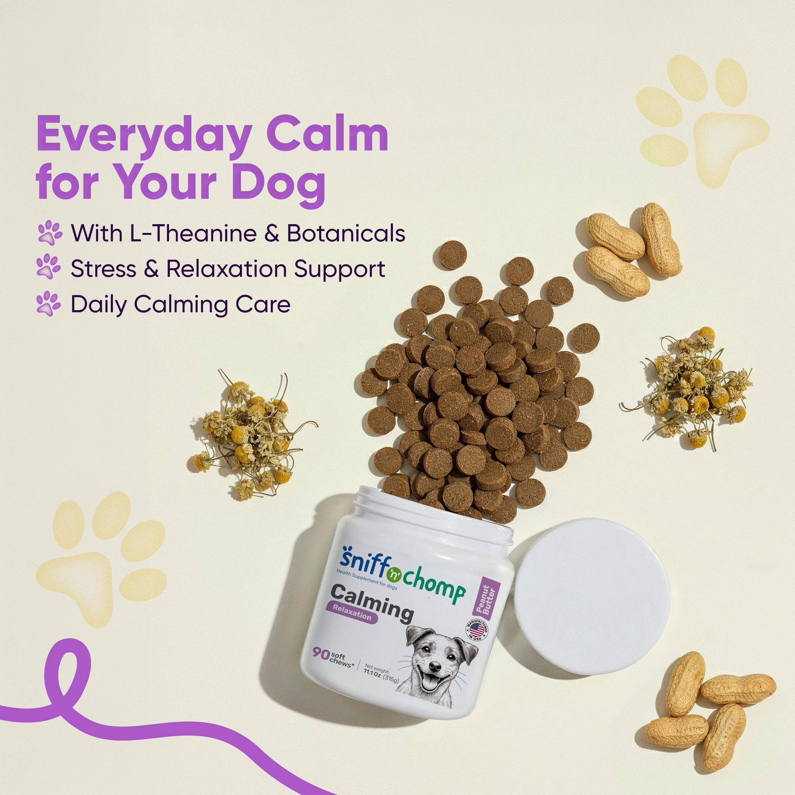 Ingredients label highlighting natural calming elements in Sniff 'N' Chomp chews.