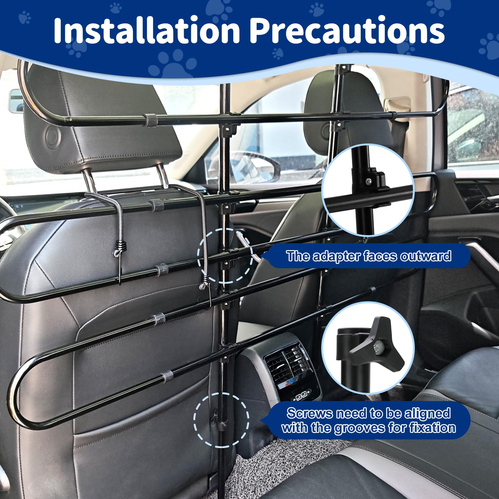Snooweerin Pet Barrier installs without tools via headrest wraps.