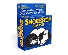 SnoreStop for Pets tablets beside a sleeping dog to illustrate bedtime use.