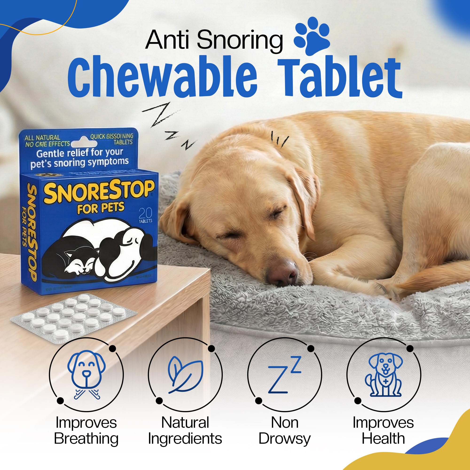 Nighttime scene with SnoreStop for Pets for easy nightly use.