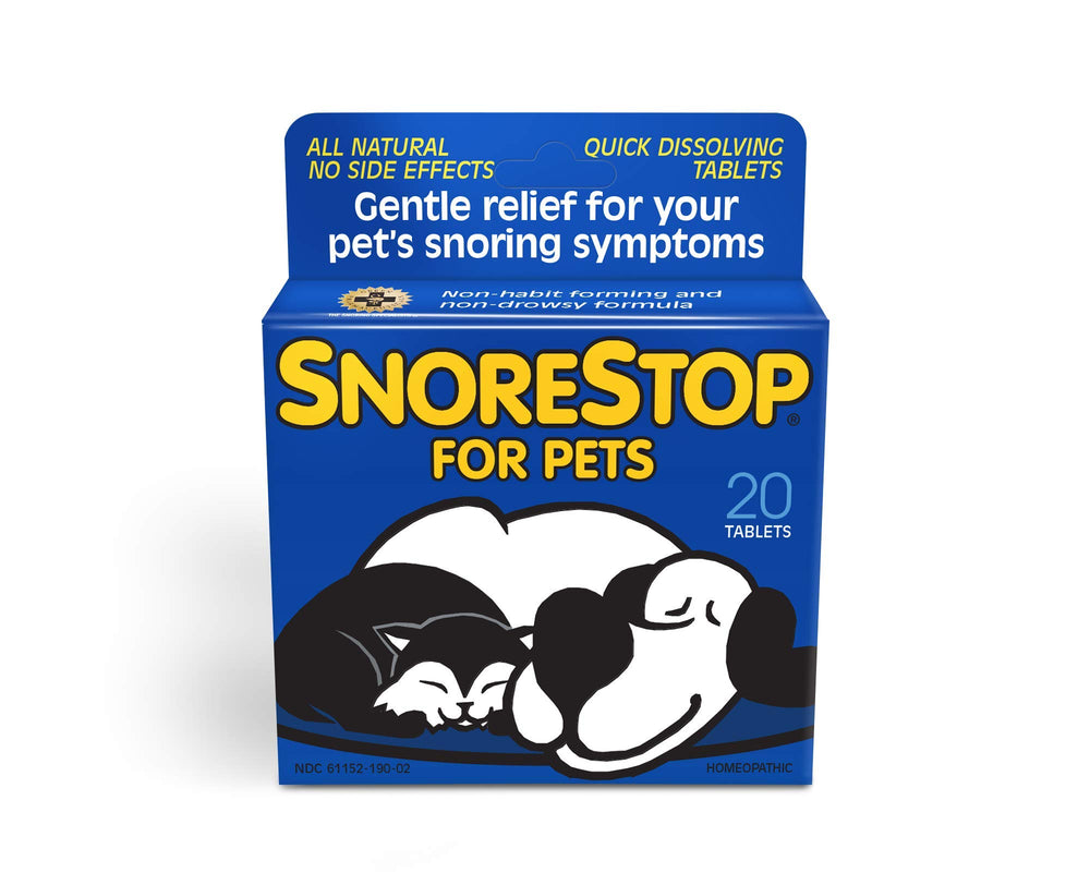 SnoreStop for Pets tablets in bottle packaging promote easier breathing for pets at night.