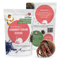 Snout and Shell Blue Waves hermit crab food packaging, 30 g for easy stocking.