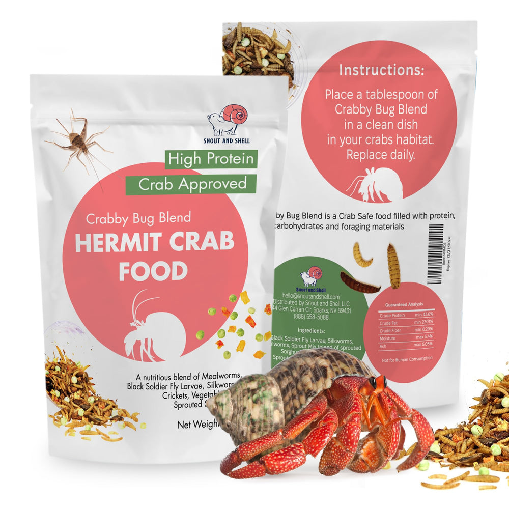 Snout and Shell Daily Feast bag close-up showing a protein-rich mix for active hermit crabs.