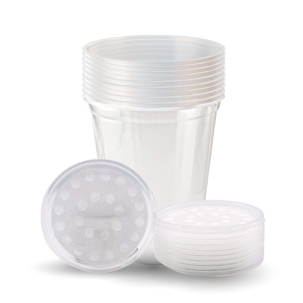 Snout and Shell deli cups with fabric vented lids for secure culture preparation