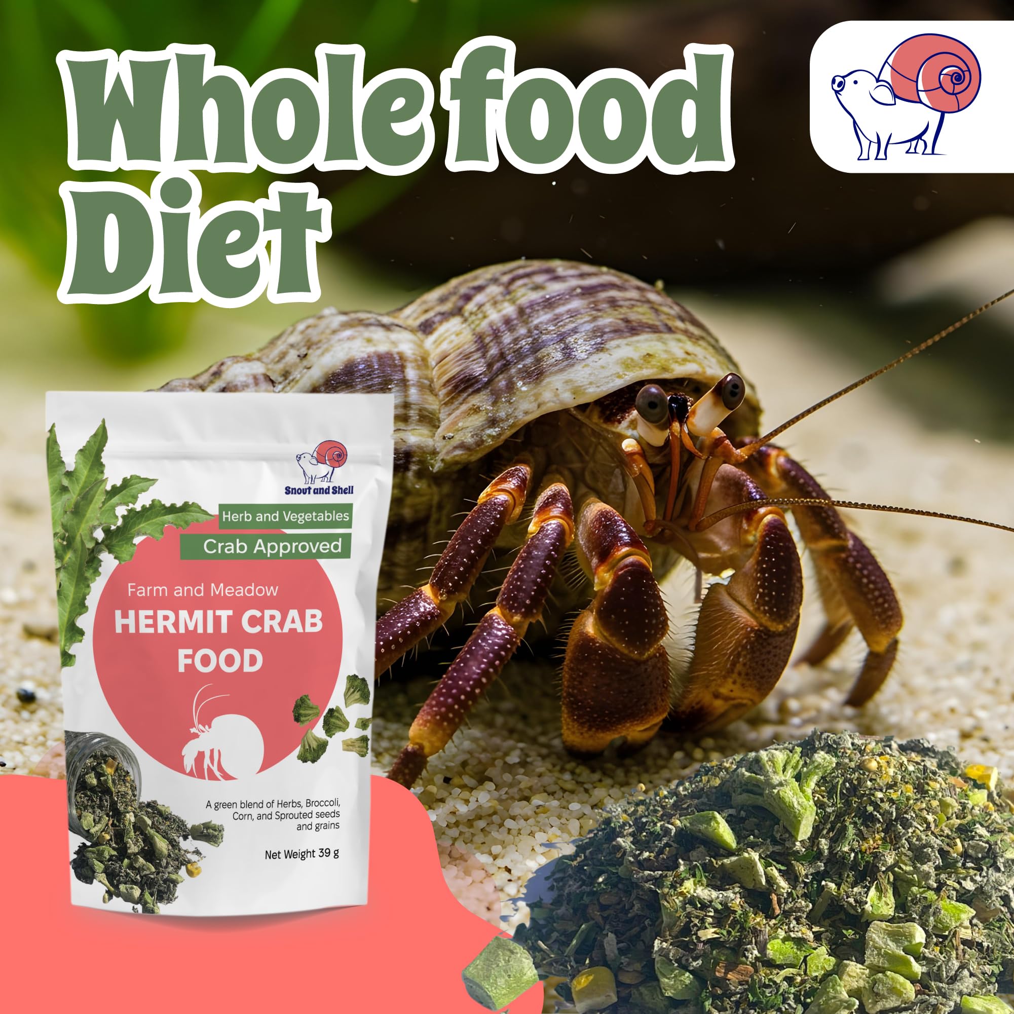 Snout and Shell Farm and Meadow food bag open emphasizes natural, pellet-free hermit crab nutrition