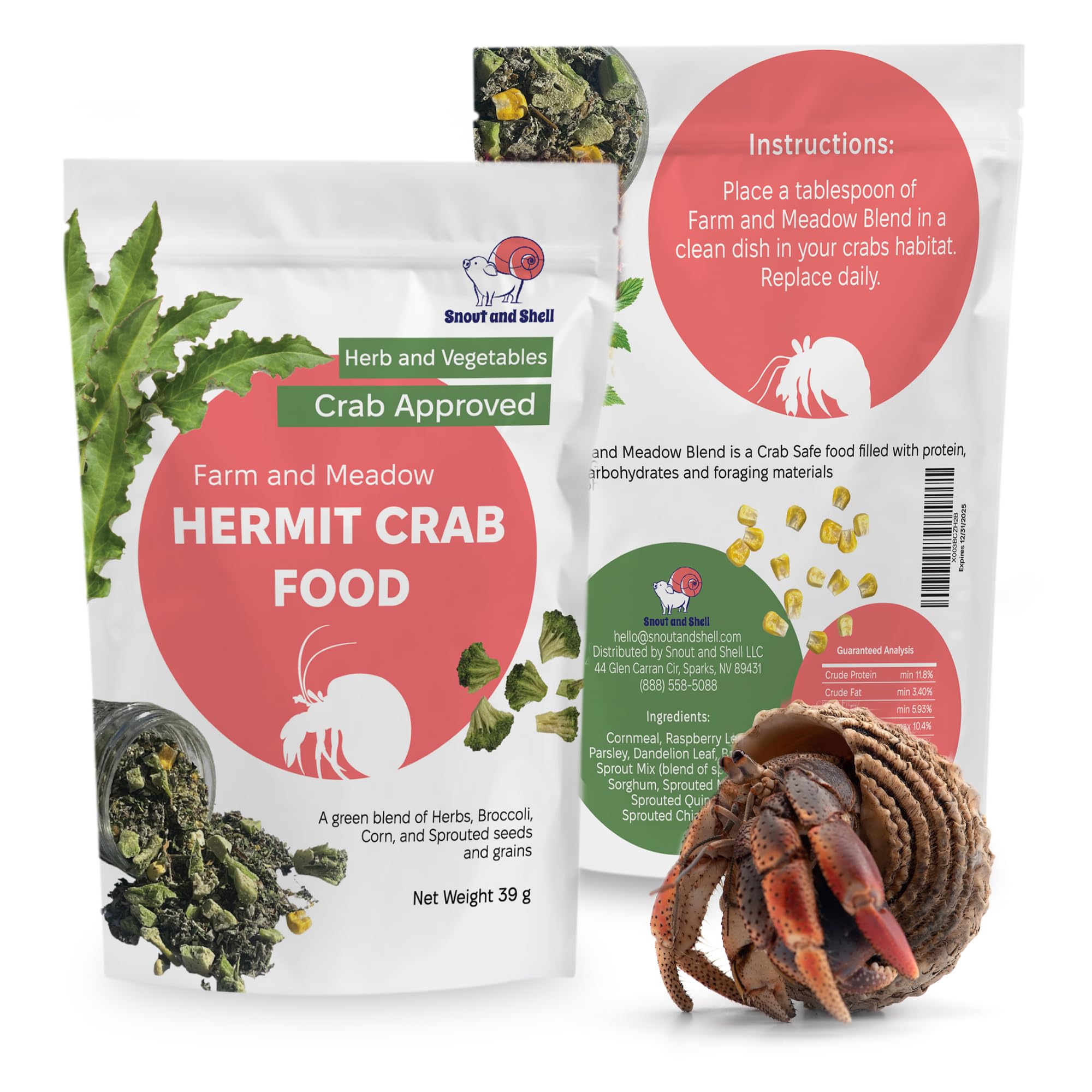 Snout and Shell Farm and Meadow food front label highlighting natural garden greens for daily feeding
