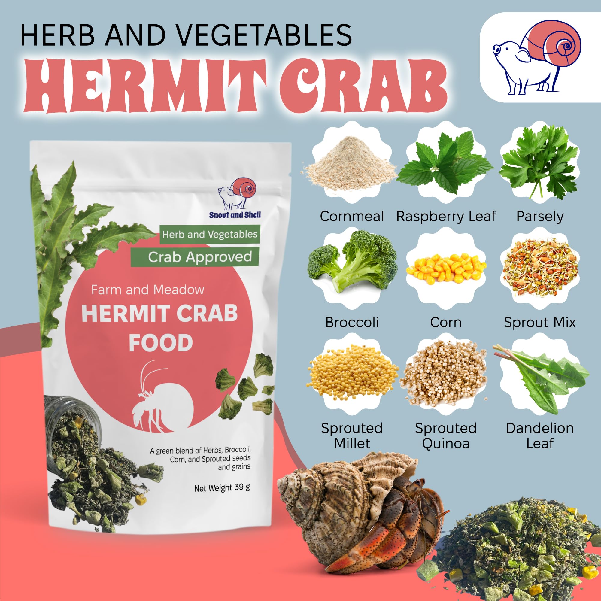 Snout and Shell ingredients closeup shows leafy greens and sprouts supporting a nutrient-dense diet