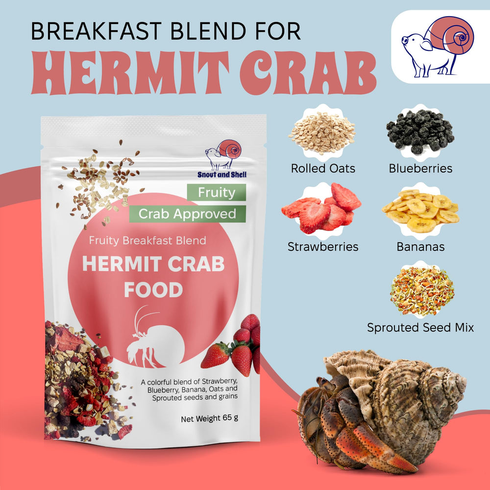 Snout and Shell daily-use serving image emphasizes balanced nutrition for crabs.