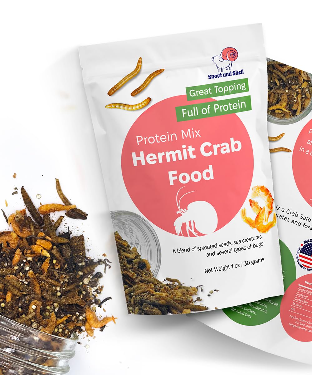 Snout and Shell Protein Mix Hermit Crab Food in a serving bowl for feeding routine.
