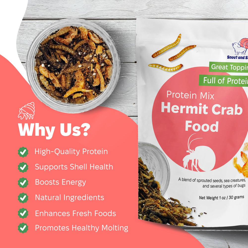 Snout and Shell Protein Mix Hermit Crab Food topping image demonstrates easy use as topper.