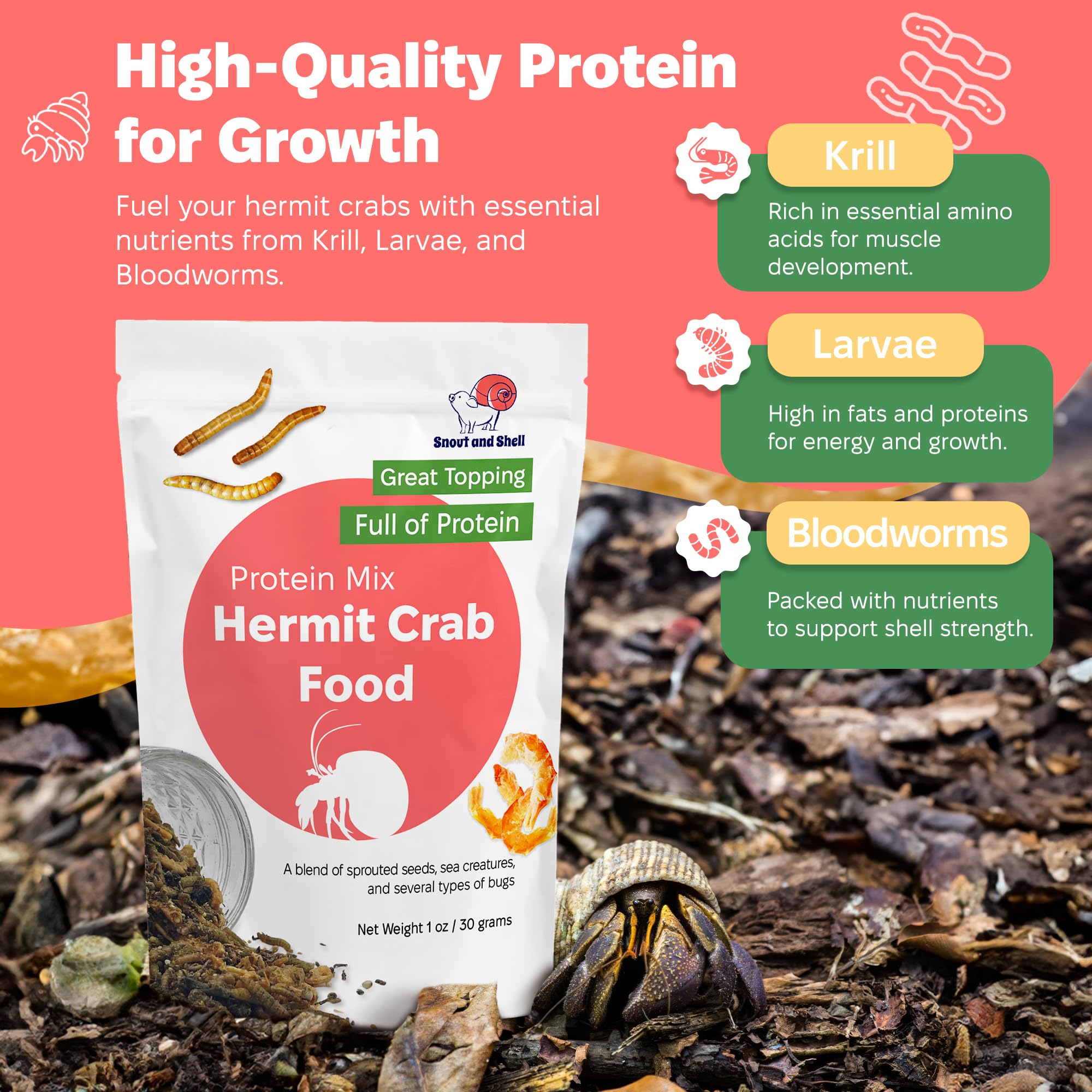 Snout and Shell Protein Mix Hermit Crab Food crickets highlight natural protein sources.