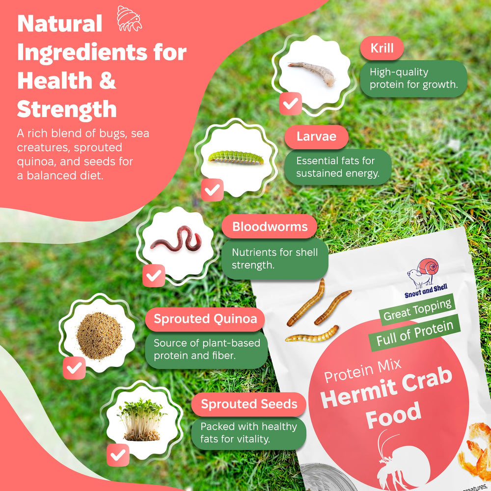 Snout and Shell Protein Mix Hermit Crab Food krill bits emphasize nutrient-rich bites.