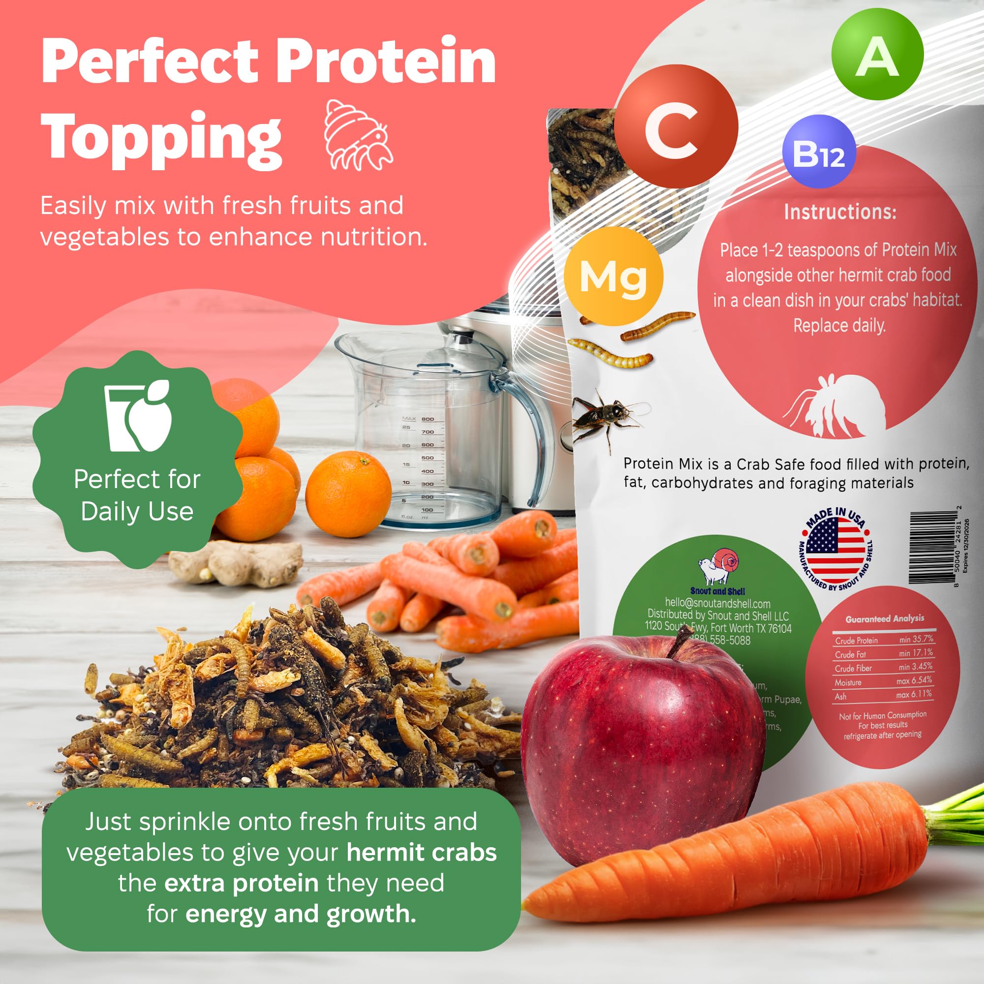 Snout and Shell Protein Mix Hermit Crab Food sprouted grains close-up with wholesome texture.