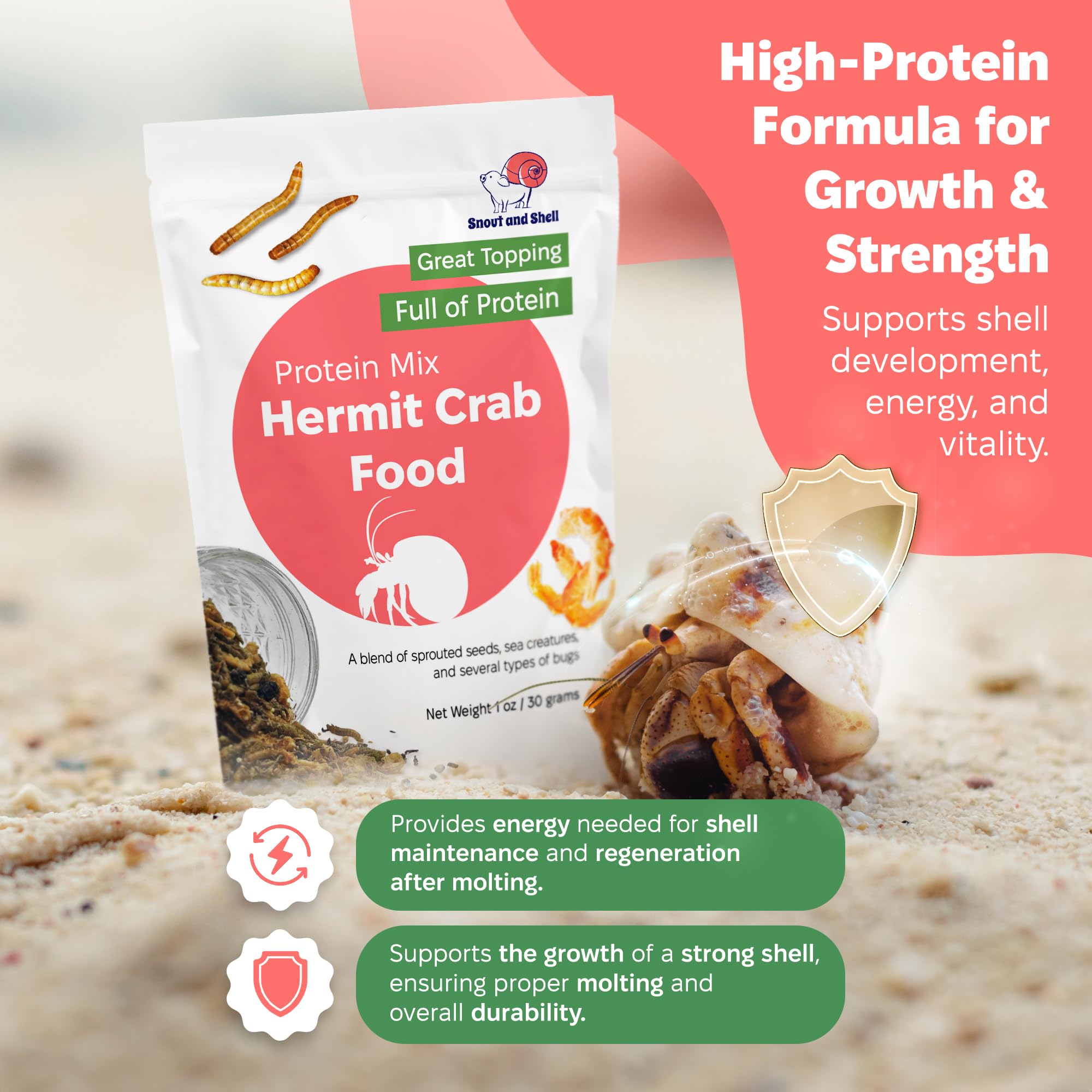 Snout and Shell Protein Mix Hermit Crab Food texture close-up invites foraging play.