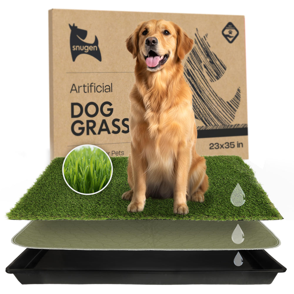 Snugen dog grass pad and tray front view showing complete home potty training set