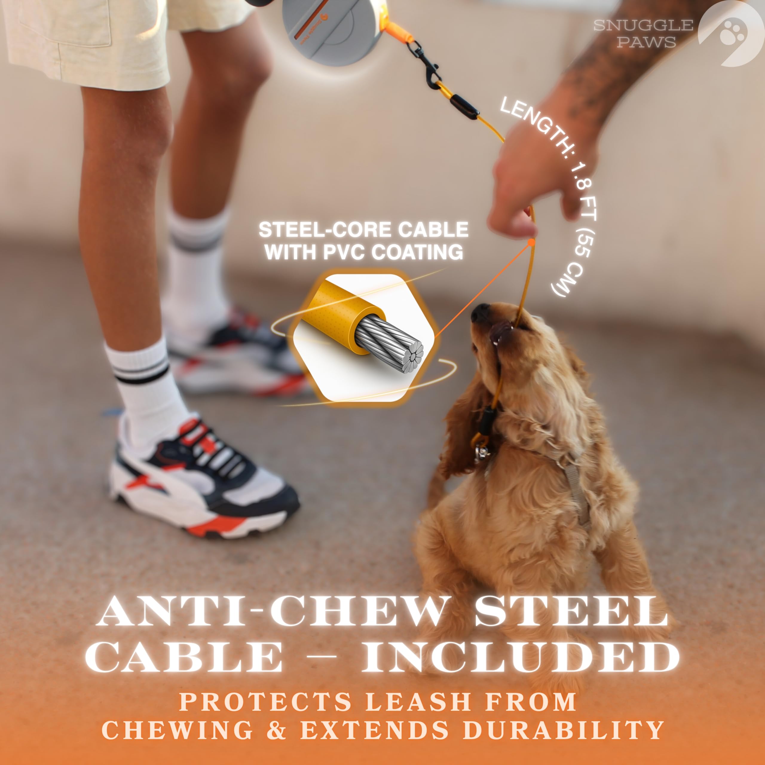 Snuggle Paws leash features chew-proof steel cable for durability during energetic sessions.