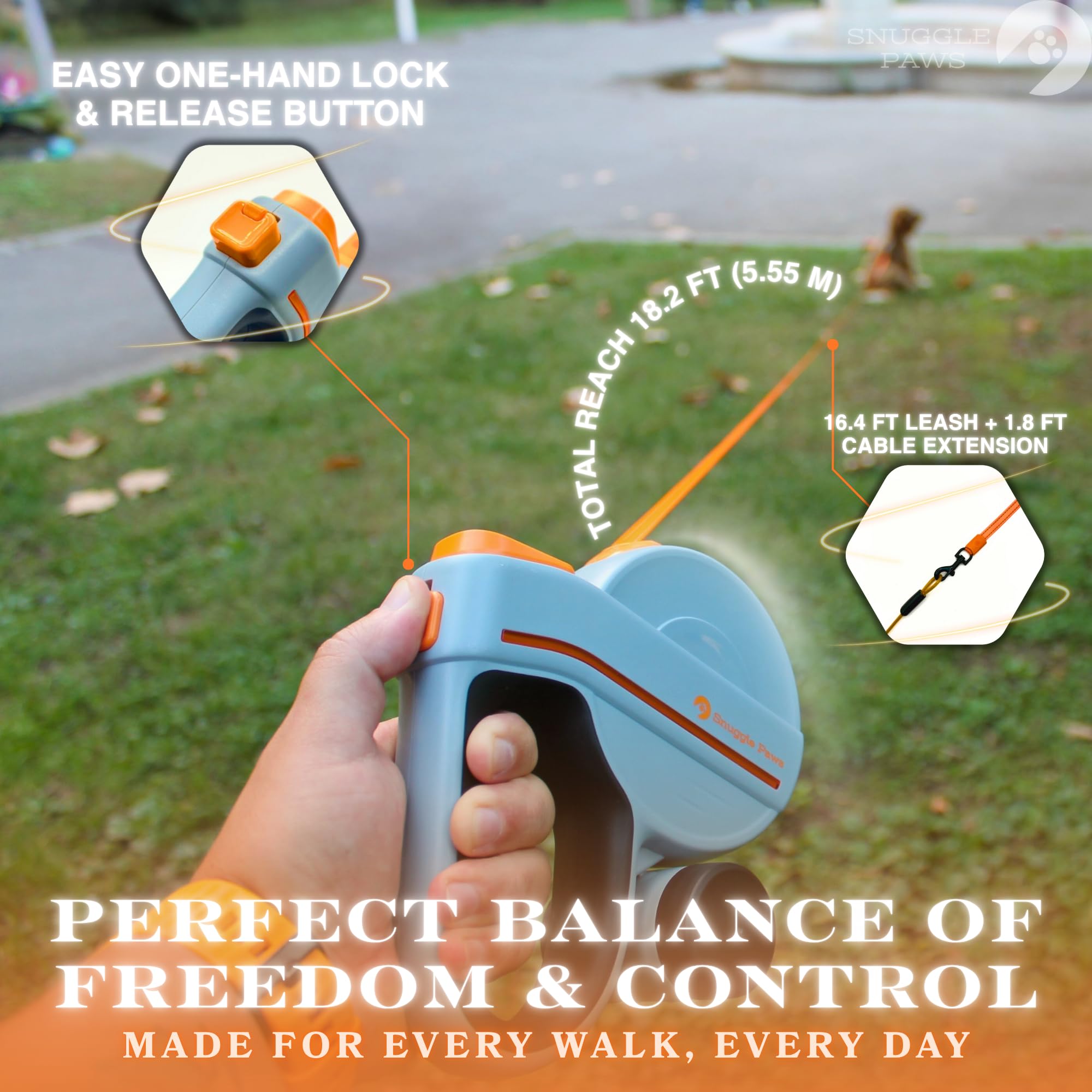 Snuggle Paws leash with one-touch brake for controlled stopping on quick stops.