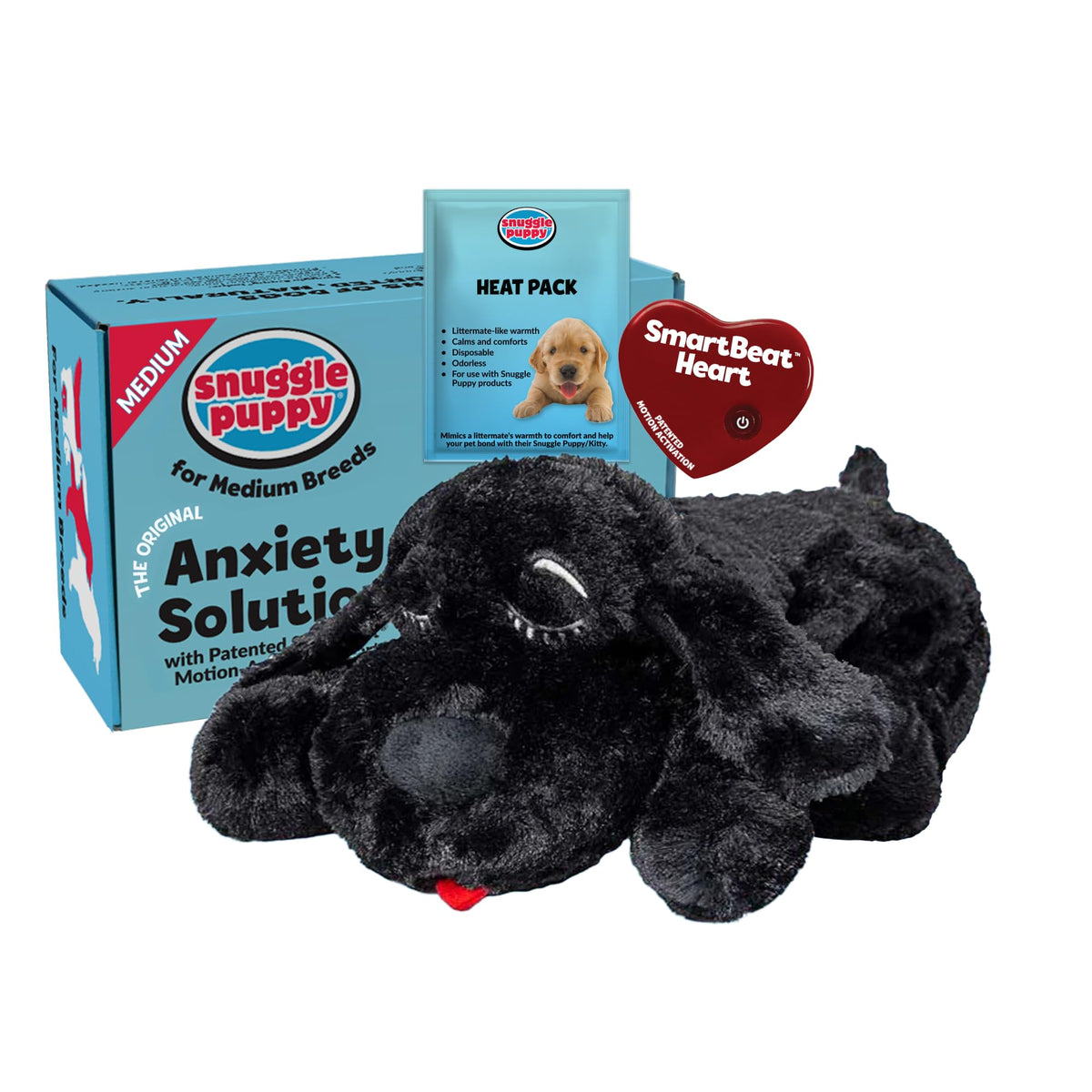 Snuggle Puppy heartbeat toy in black plush calms puppies at bedtime.