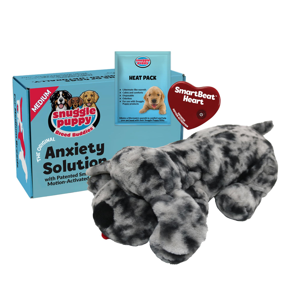 Snuggle Puppy heartbeat toy with blue merle pattern calms puppies during naps and crate time.