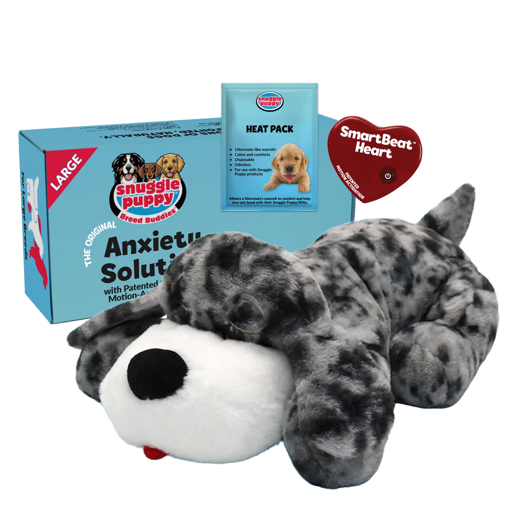 Snuggle Puppy heartbeat toy for large Dane, real pulse soothing crate time.