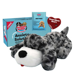 Snuggle Puppy heartbeat toy for large Dane, real pulse soothing crate time.