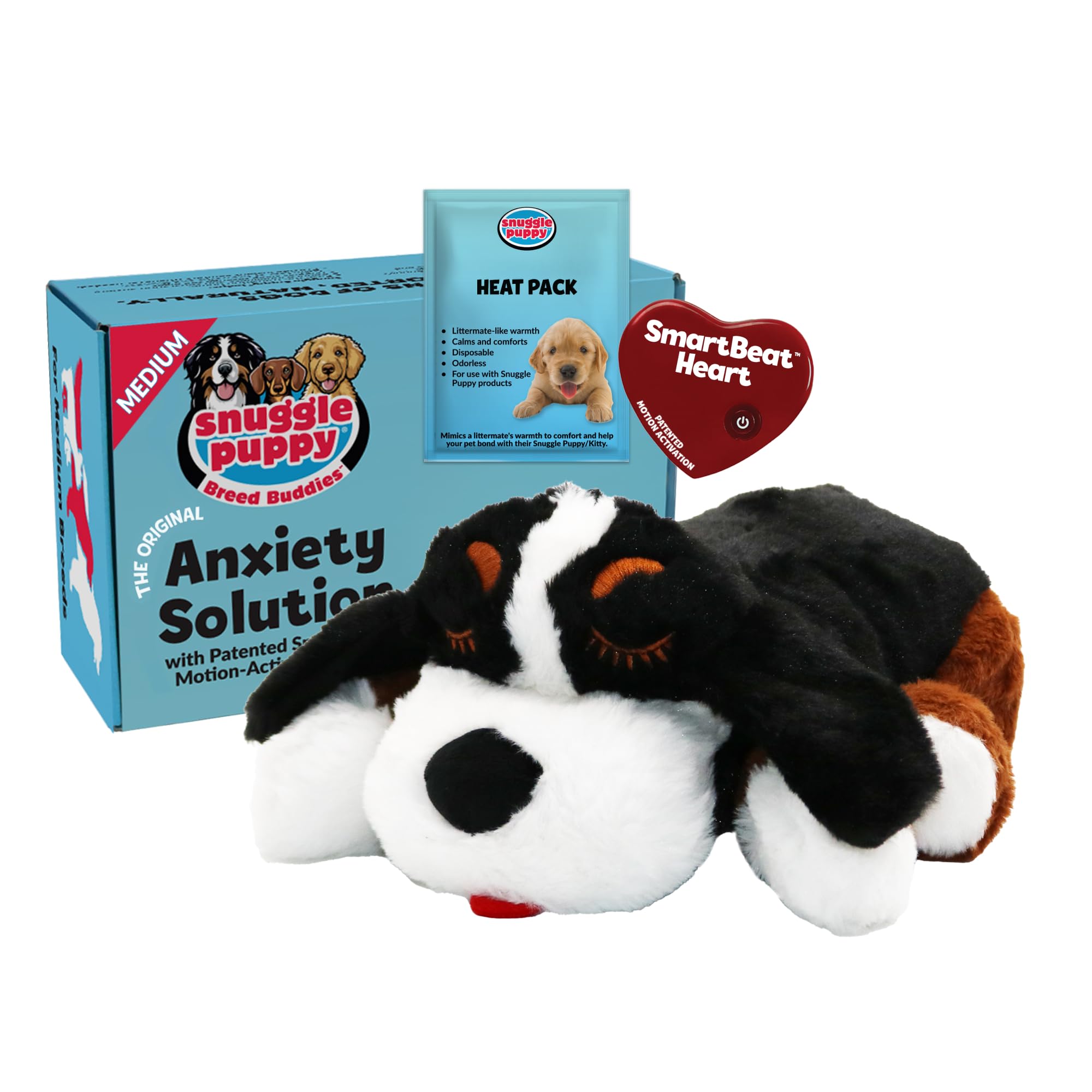 Snuggle Puppy heartbeat toy showing Real-Feel heartbeat helps calm a new puppy.