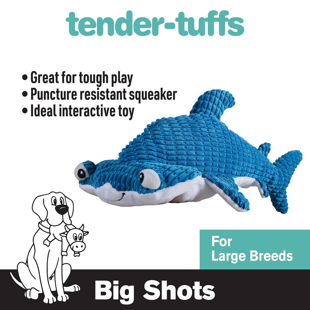 Snuggle Puppy Tender-Tuffs hammerhead plush close-up with soft fur and an engaging squeaker.