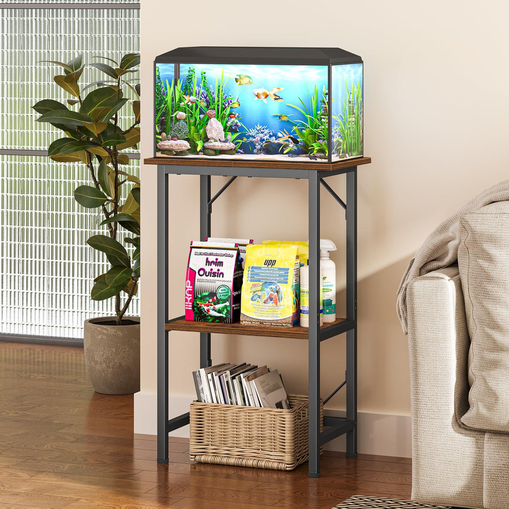 Snughome 10-Gallon Aquarium Stand side view highlights two-tier storage.