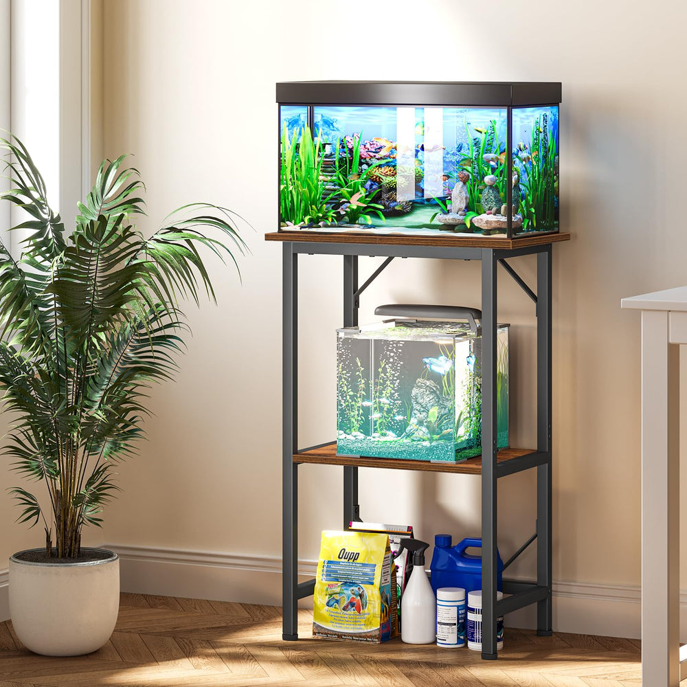 Snughome 10-Gallon Aquarium Stand storage shelves for supplies.