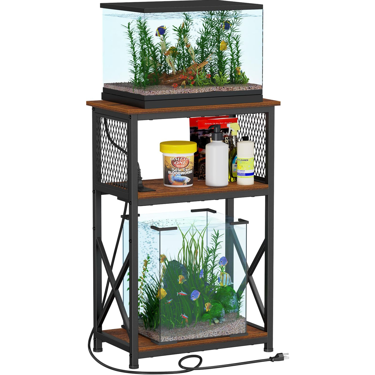 Snughome 10-gallon stand front view with integrated charging station for aquarium gear.