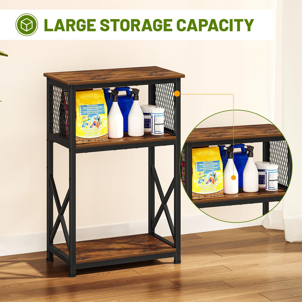 Snughome bottom shelf holds small tanks or supplies for organized storage.