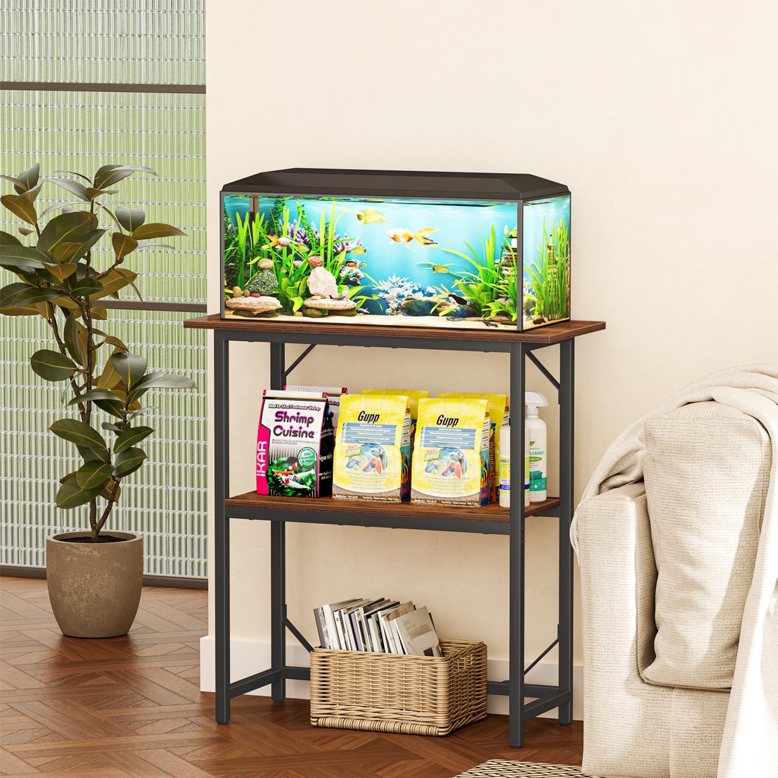 Snughome aquarium stand front view in rustic brown highlights stylish, space-saving storage options.
